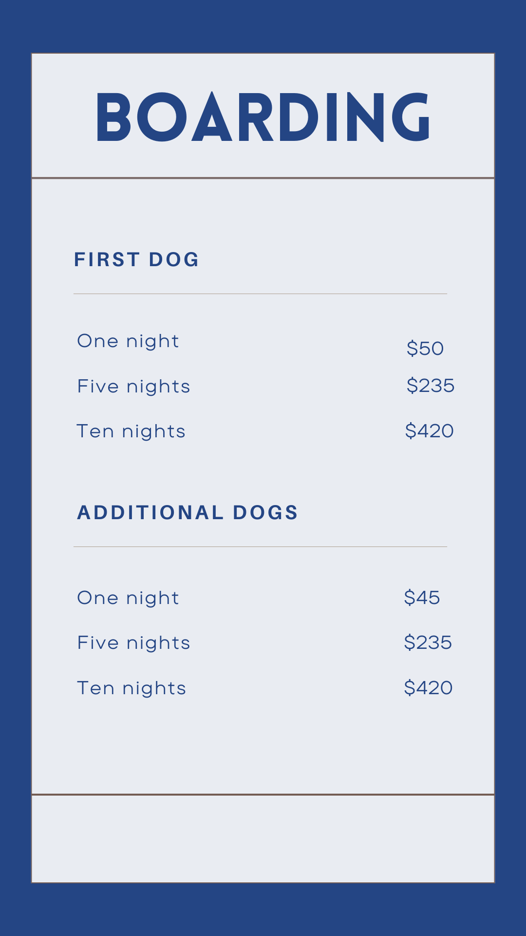 Dog Days Boarding Price List