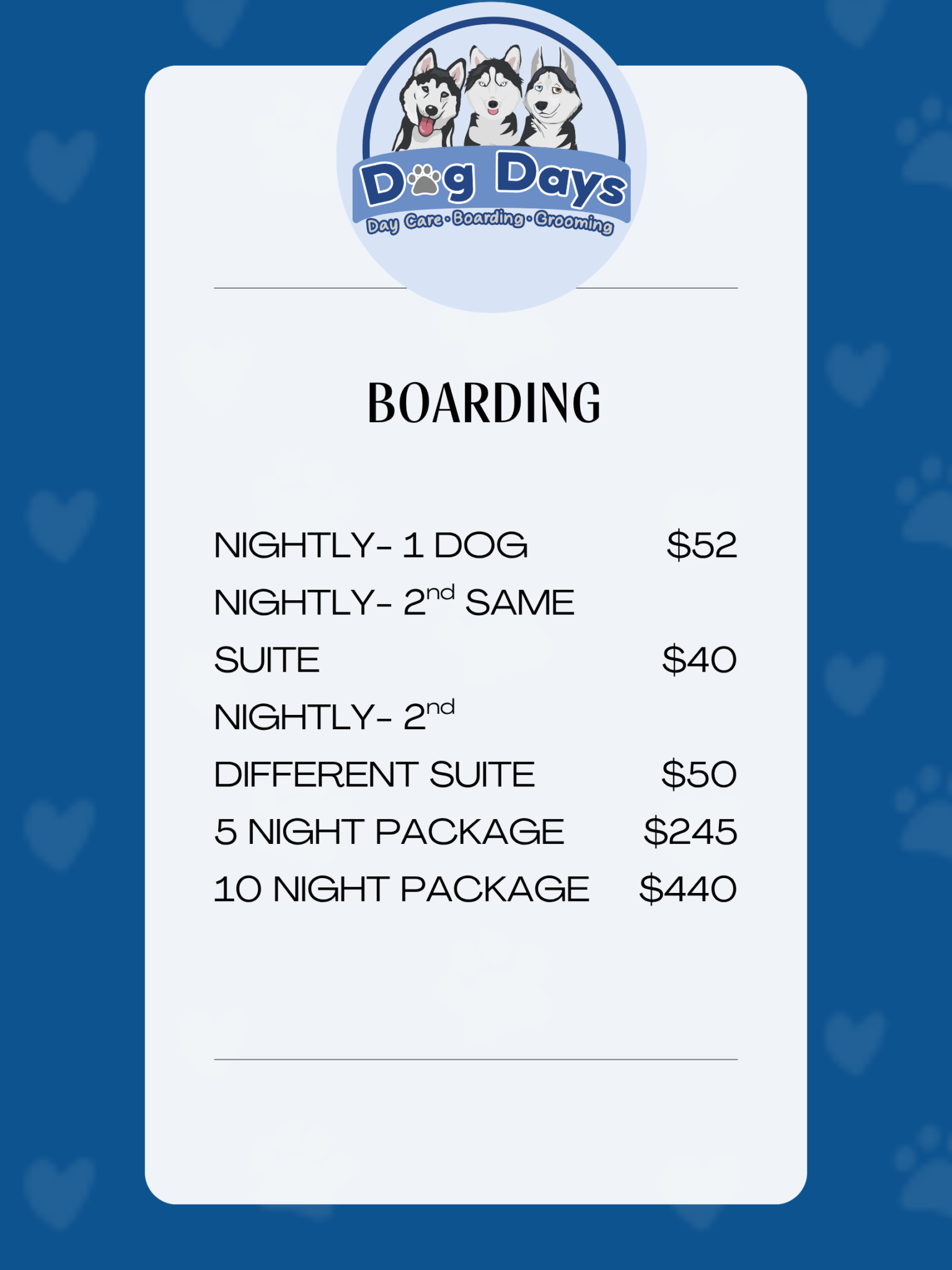 Boarding Price List