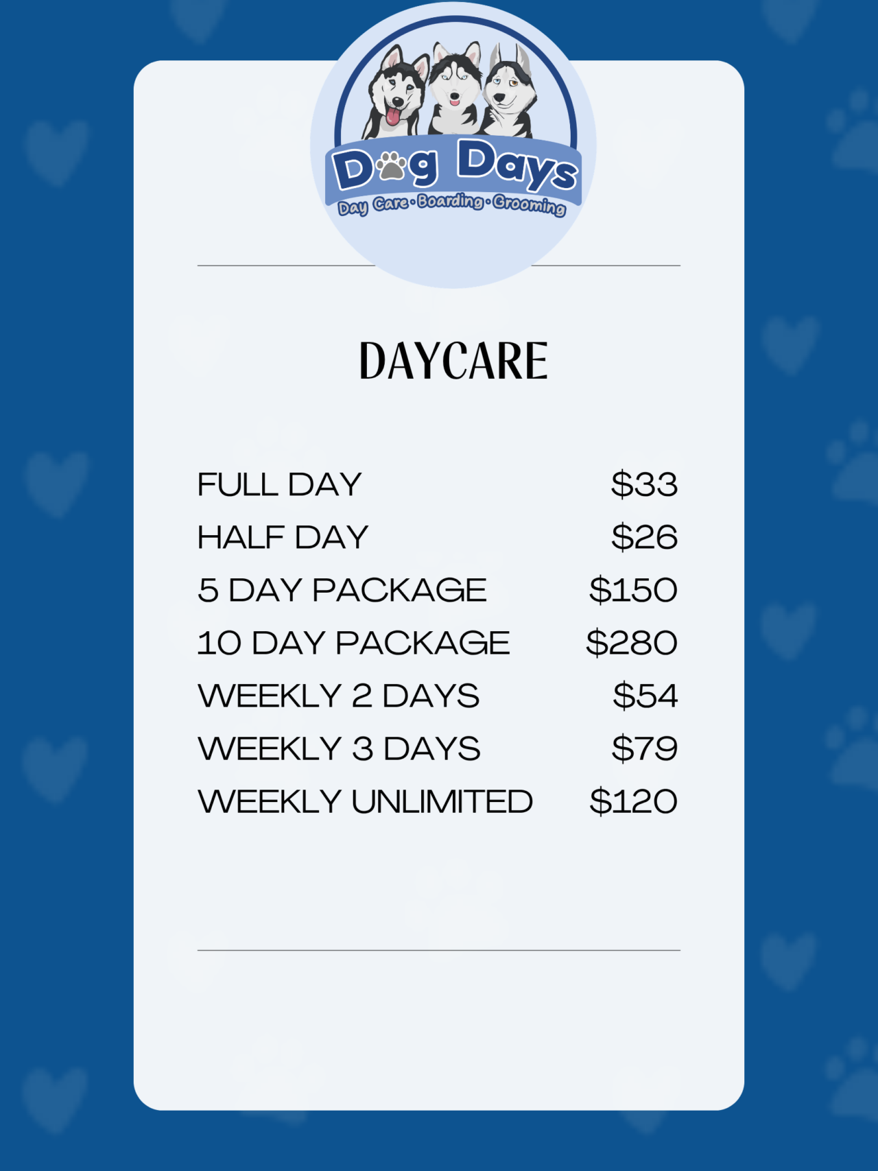 Daycare Price List